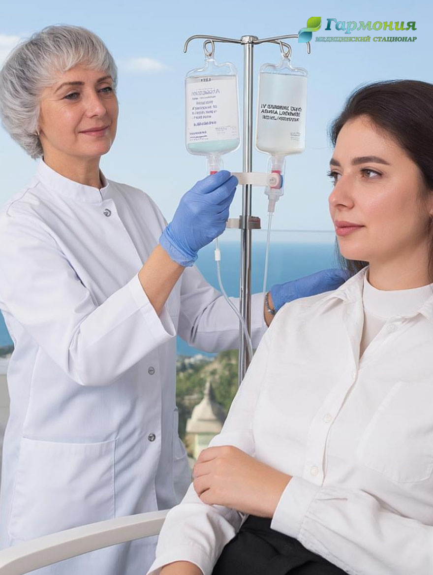 Врач и пациент с капельницей на фоне берега Тараза