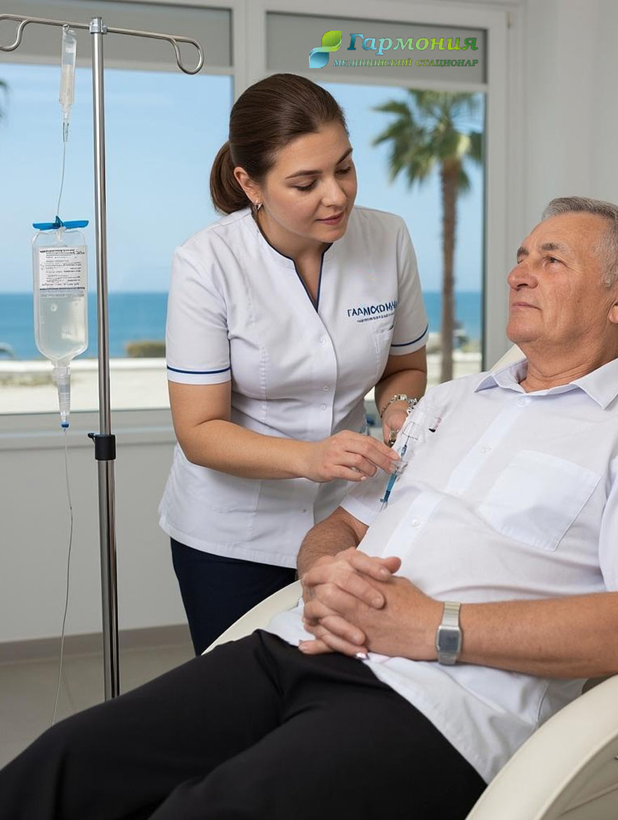 Врач и пациент с капельницей на фоне берега Тараза