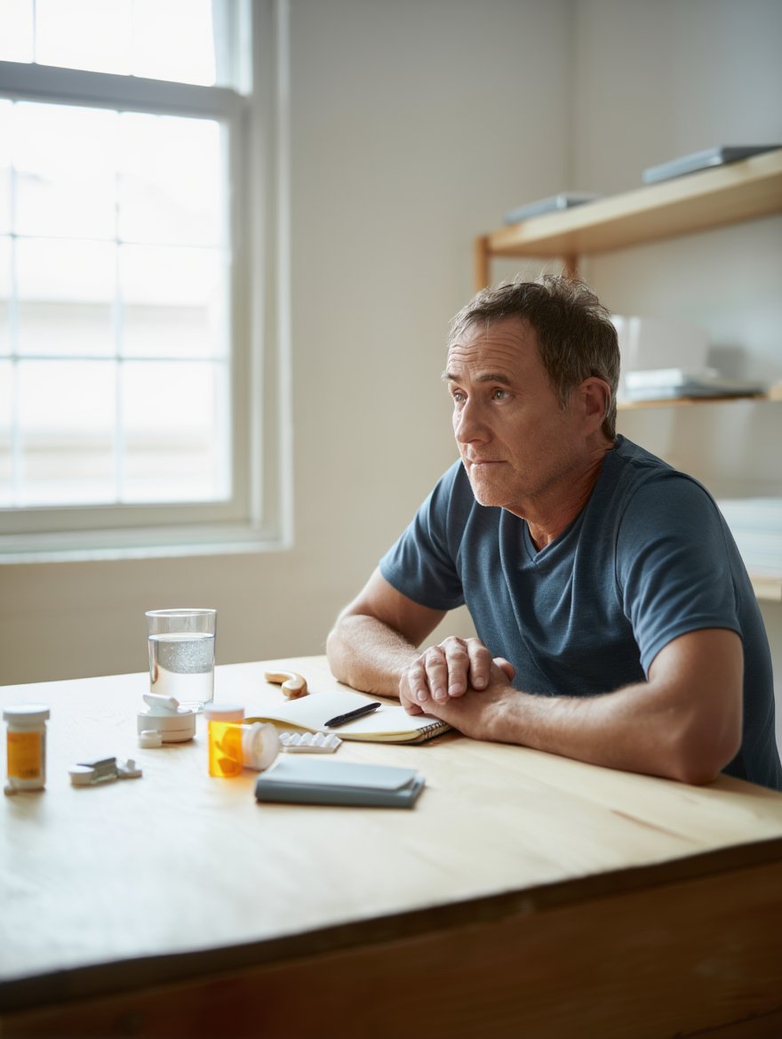 Мужчина за столом с таблетками