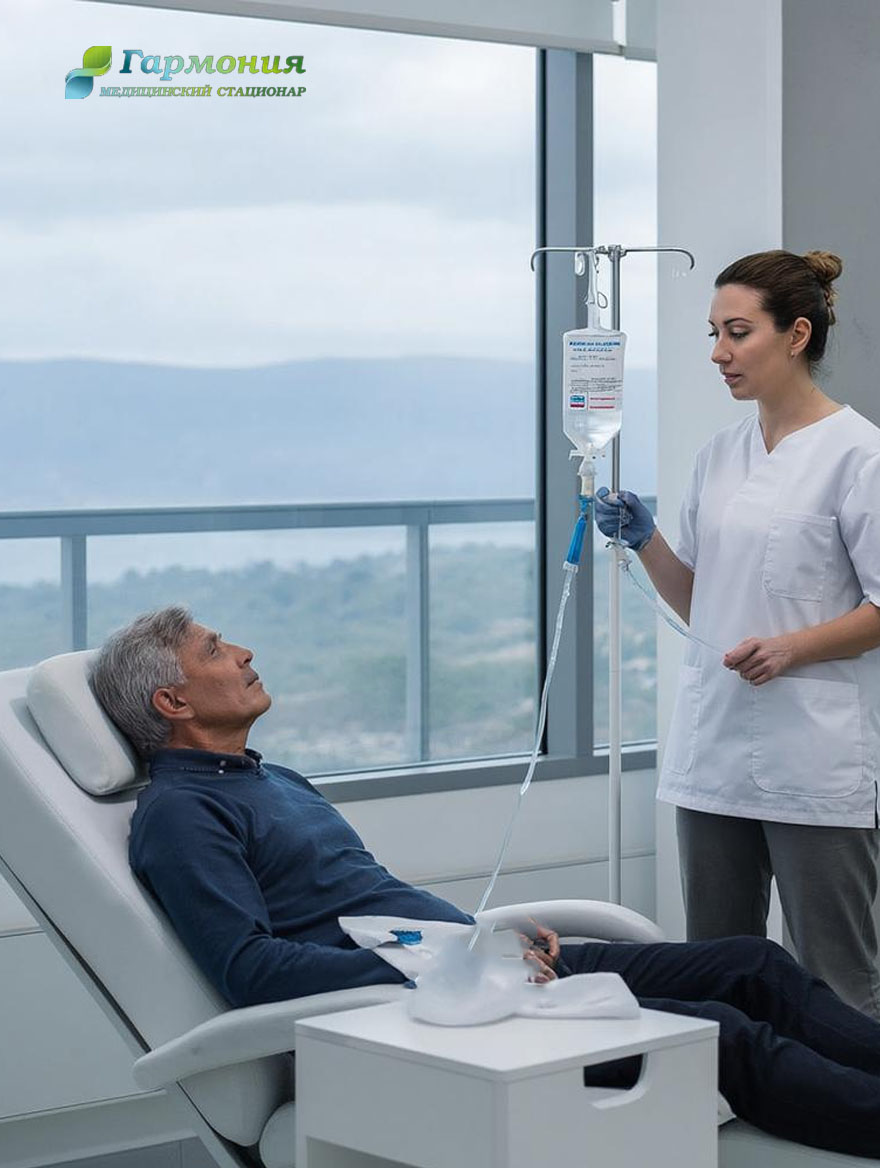 Врач и пациент с капельницей на фоне берега Тараза