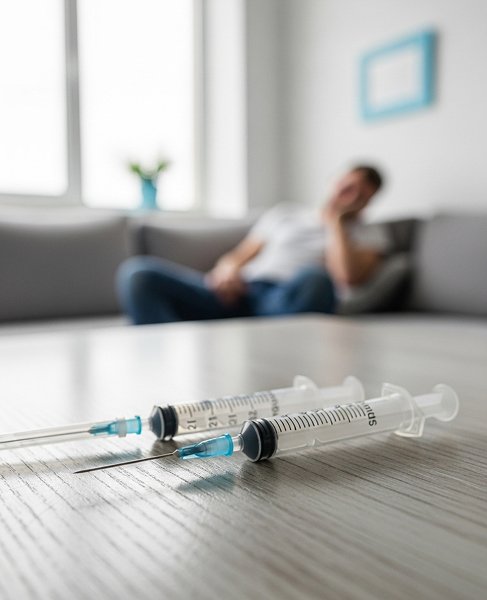 Шприцы и сидящий мужчина на фоне